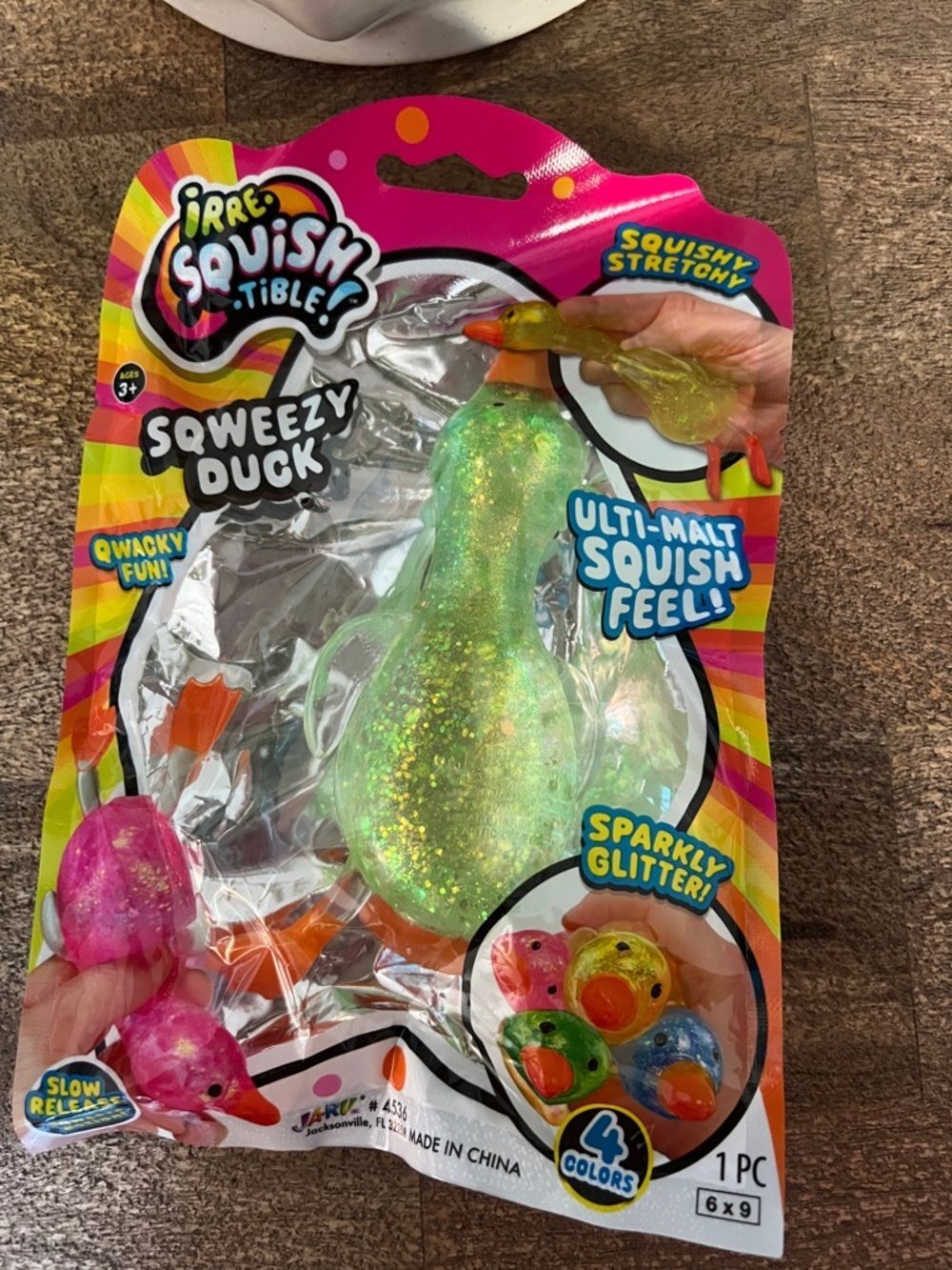 Ja-Ru Sqweezy Duck Kids Toy - Green/ yellow Sparkly Squish